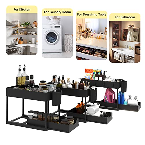 Way2Furn Under Sink Organizers and Storage, 2 Tier Kitchen Under Sink Cabinet Organizer, Under Sink Shelf Organizer with Hooks and Hanging Cups for Cabinet, Countertop, Bathroom, Kitchen, 2 Pack