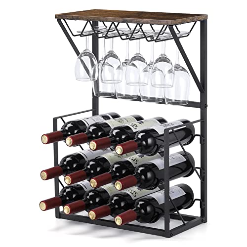 LIANTRAL 3 Tier Wine Rack, Hold 12 Bottles and 8 Wine Glass Rack Wine Holder, Freestanding Wine Rack for Home, Kitchen, Bar, Wine Cellar, Cabinet