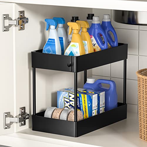 Under Sink Organizer, Efuytech Under Kitchen Sink Organizers and Storage Multi-purpose Under Bathroom Storage Basket, 2 Tier Cabinet Shelf Organizer for Bathroom Kitchen (Black)