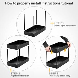 Under Sink Organizer, Efuytech Under Kitchen Sink Organizers and Storage Multi-purpose Under Bathroom Storage Basket, 2 Tier Cabinet Shelf Organizer for Bathroom Kitchen (Black)