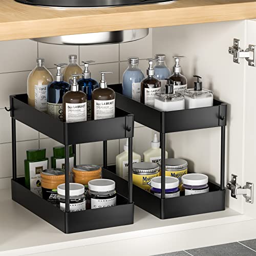 Under Sink Organizer, Efuytech Under Kitchen Sink Organizers and Storage Multi-purpose Under Bathroom Storage Basket, 2 Tier Cabinet Shelf Organizer for Bathroom Kitchen (Black)