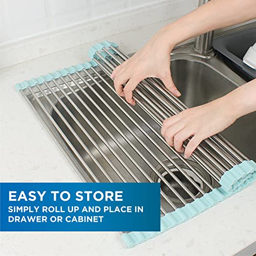 COOK WITH COLOR Roll Up Dish Rack- Over The Sink Mat for Drying Dishes - Silicone Wrapped Stainless Steel Rods (15" x 17.5") - Versatile Roll Up Trivet & Dish Drying Rack for Kitchen