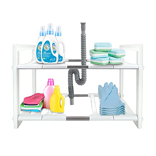 MineSign Under Sink Organizer 2-Tier Expandable Cabinet Shelf with 10 Removable Panels for Kitchen Bathroom Storage,Expand from 19.8 to 27.5 Inches