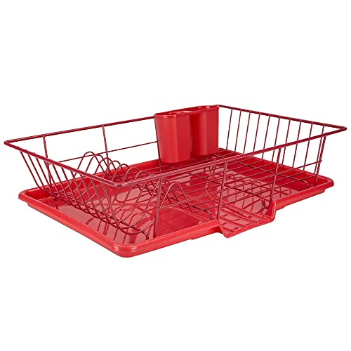 Dish Drying Rack (Red) | By Home Basics | Dish Drainers For Kitchen Counter | With Sloping Tray and Utensil Holder | Big Dish Drying Rack