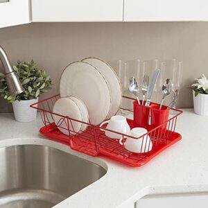 Dish Drying Rack (Red) | By Home Basics | Dish Drainers For Kitchen Counter | With Sloping Tray and Utensil Holder | Big Dish Drying Rack