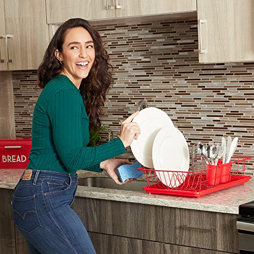 Dish Drying Rack (Red) | By Home Basics | Dish Drainers For Kitchen Counter | With Sloping Tray and Utensil Holder | Big Dish Drying Rack