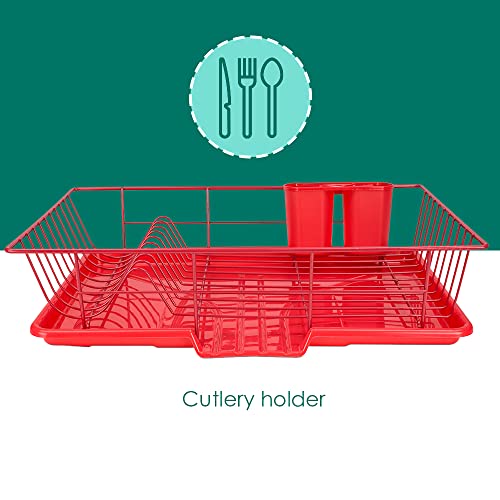 Dish Drying Rack (Red) | By Home Basics | Dish Drainers For Kitchen Counter | With Sloping Tray and Utensil Holder | Big Dish Drying Rack