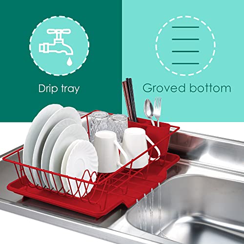 Dish Drying Rack (Red) | By Home Basics | Dish Drainers For Kitchen Counter | With Sloping Tray and Utensil Holder | Big Dish Drying Rack