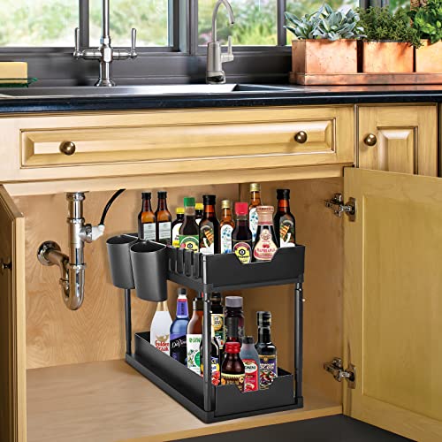 FM Royal Brand Under Sink Organizer - Double Slider Cabinet Organizer for Kitchen, Bathroom & Laundry Room Storage - Includes 2 BPA Drawers, 4 Adjustable Feet, 2 Cups, 4 Hanging Hooks, Divider