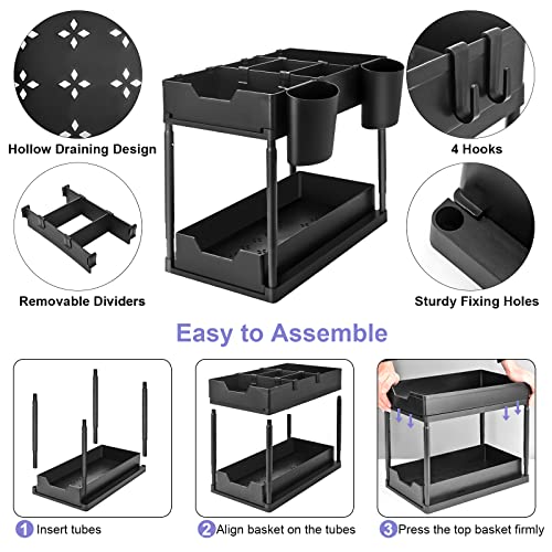 FM Royal Brand Under Sink Organizer - Double Slider Cabinet Organizer for Kitchen, Bathroom & Laundry Room Storage - Includes 2 BPA Drawers, 4 Adjustable Feet, 2 Cups, 4 Hanging Hooks, Divider