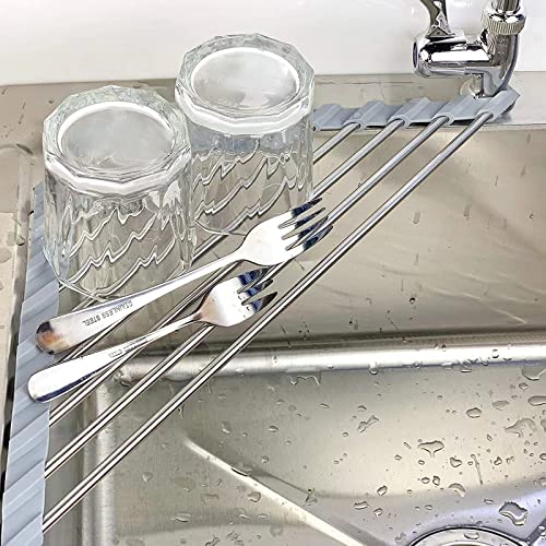 MOGALY Triangle Roll-Up Dish Drying Rack for Sink Corner - Multipurpose Heat Resistant Over-The-Sink Dish Drying Rack - for Many Kitchen Task - Gray