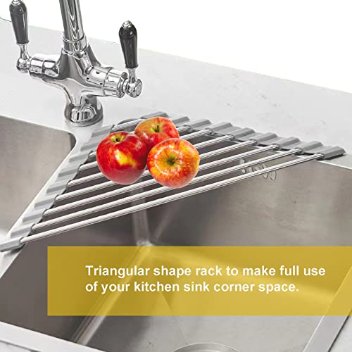 MOGALY Triangle Roll-Up Dish Drying Rack for Sink Corner - Multipurpose Heat Resistant Over-The-Sink Dish Drying Rack - for Many Kitchen Task - Gray
