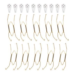 FOCCTS 10 Pack Plate Hangers, 8 Inch Wall Plate Hangers and 15 Pack Wall Hooks, Invisible Display Hanger Brass Coated Holds 7.5" to 8.8" Plates
