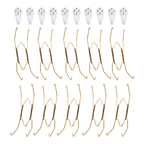 FOCCTS 10 Pack Plate Hangers, 8 Inch Wall Plate Hangers and 15 Pack Wall Hooks, Invisible Display Hanger Brass Coated Holds 7.5" to 8.8" Plates