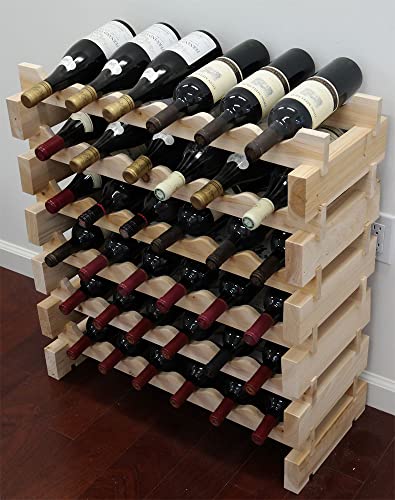 DisplayGifts Modular Stackable Wine Rack Freestanding Wooden Wine Stand Storage Holder, For Basement Pantry Room Wine Cellar or tight space, Wobble-Free 36 Bottle Capacity 6 X 6 Rows (Unfinished Wood)