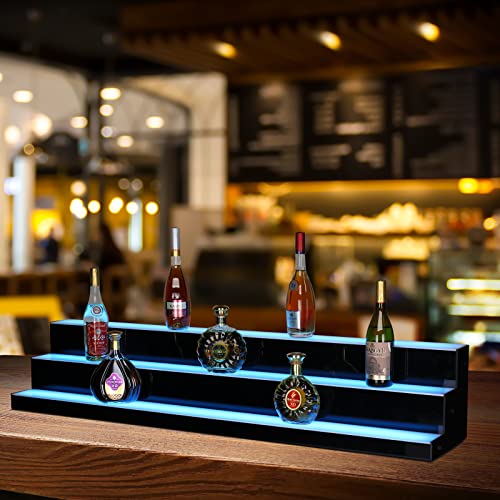 ROVSUN 3 Step 60 Inch LED Lighted Liquor Bottle Display Shelf with Remote Control, Acrylic Lighted Drinks Lighting Shelves Illuminated Bar Shelves for Liquor Bottles Commercial Home Bar Accessories