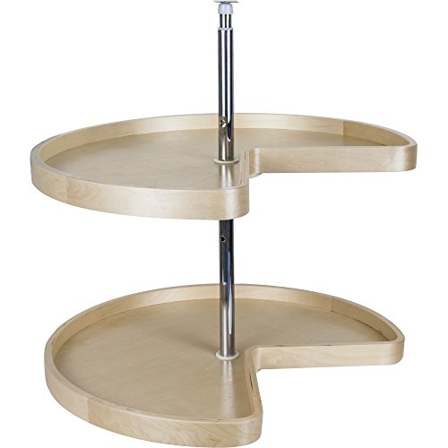 Hardware Resources 2-Tier Lazy Susan Corner Shelf - Kidney-Shaped Rotating Shelves with Adjustable Pole for Kitchen, Cabinet, Cupboard Corners - Wooden Pie Cut Turntable Organizer - White Birch, 32"