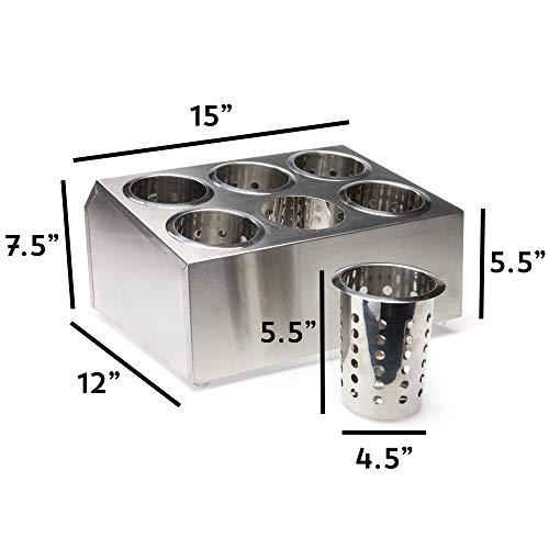 Stainless Steel 6-Compartment Utensil Holder (6 Inserts Included) - Flatware Cylinder Storage Caddy & Cups for Kitchen, Bars, Coffee Shops, Restaurants, & Hotels - Drying Rack for Silverware