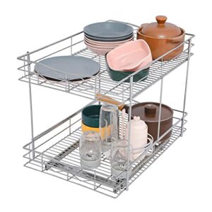 tqvai 2 tier pull out cabinet organizer, sliding out under sink cookware organizer, wire shelf storage basket for kitchen bathroom – 14″ w x 21″ d x 16-3/8″h, request at least 15 inch cabinet opening
