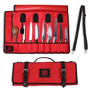 369 Products Chef Knife Bag - 18" x 7" x 3" Waterproof Polyester Knife Roll Bag with 13 Slots, Stylish Leather Straps and Detachable Shoulder Harness, Additional Zipper Compartment