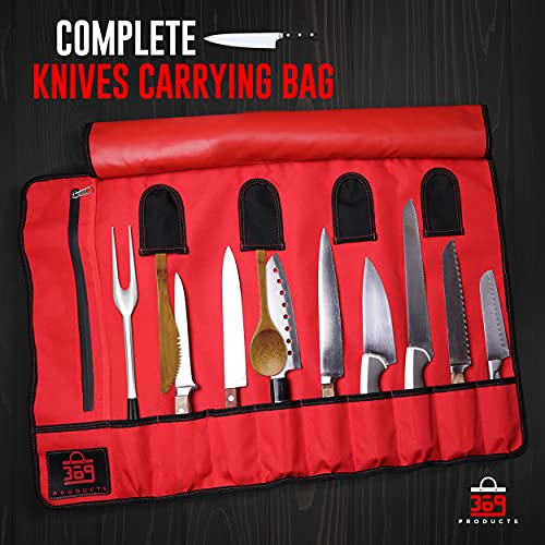 369 Products Chef Knife Bag - 18" x 7" x 3" Waterproof Polyester Knife Roll Bag with 13 Slots, Stylish Leather Straps and Detachable Shoulder Harness, Additional Zipper Compartment