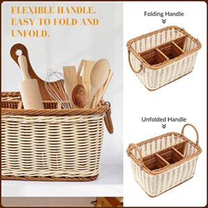 Hemoton Utensil Holder Silverware Caddy, Rattan Hand Woven Cutlery Storage Organizer, Multifunctional Divided Storage Basket, for Hold Forks, Knives, Napkins, Foods and Sundries （ Flexible Handle ）