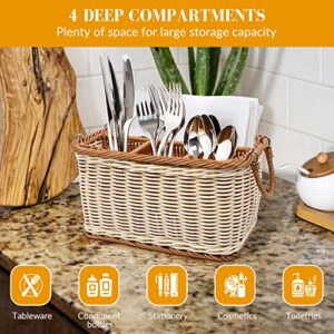 Hemoton Utensil Holder Silverware Caddy, Rattan Hand Woven Cutlery Storage Organizer, Multifunctional Divided Storage Basket, for Hold Forks, Knives, Napkins, Foods and Sundries （ Flexible Handle ）