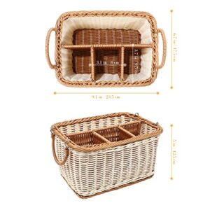 Hemoton Utensil Holder Silverware Caddy, Rattan Hand Woven Cutlery Storage Organizer, Multifunctional Divided Storage Basket, for Hold Forks, Knives, Napkins, Foods and Sundries （ Flexible Handle ）