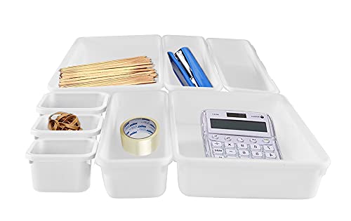HOME-X Connecting Organizer Trays, Set of Interlocking Adjustable Trays for Organizing Office Supplies and Kitchen Utensil Drawers, Set of 8, 3 Sizes, White
