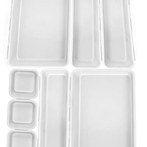 HOME-X Connecting Organizer Trays, Set of Interlocking Adjustable Trays for Organizing Office Supplies and Kitchen Utensil Drawers, Set of 8, 3 Sizes, White