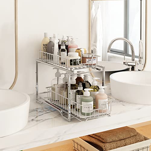 Simple Trending Stackable 2 Tier Under Sink Cabinet Organizer with Sliding Storage Drawer, Chrome