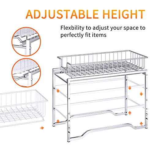 Simple Trending Stackable 2 Tier Under Sink Cabinet Organizer with Sliding Storage Drawer, Chrome