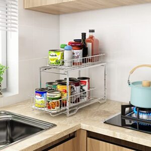 Simple Trending Stackable 2 Tier Under Sink Cabinet Organizer with Sliding Storage Drawer, Chrome