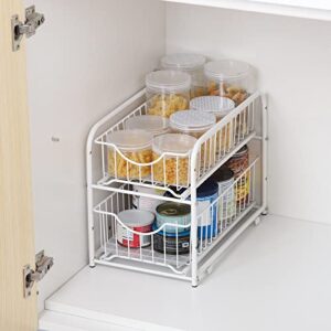 YBING Stackable Under Sink Cabinet Organizer 2 Tier Sliding Basket Organizer Drawer Bathroom Under Cabinet Basket Organizer for Kitchen Pantry White 2 Pack