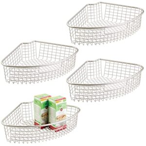 mdesign farmhouse metal kitchen cabinet lazy susan storage organizer basket with front handle – large pie-shaped 1/4 wedge, 4.4″ deep container – 4 pack – satin