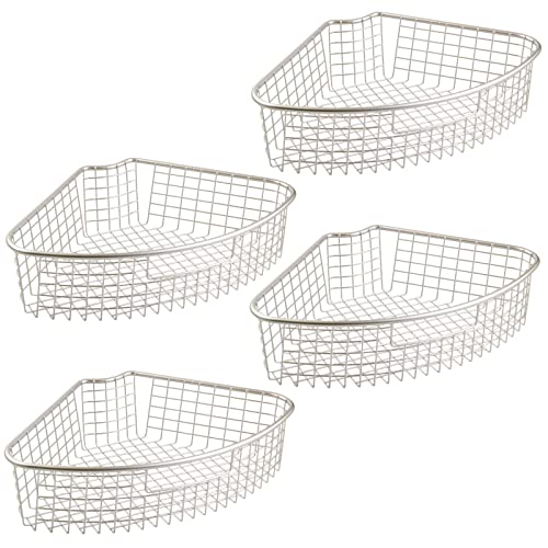 mDesign Farmhouse Metal Kitchen Cabinet Lazy Susan Storage Organizer Basket with Front Handle - Large Pie-Shaped 1/4 Wedge, 4.4" Deep Container - 4 Pack - Satin