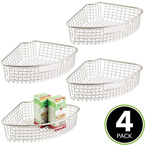 mDesign Farmhouse Metal Kitchen Cabinet Lazy Susan Storage Organizer Basket with Front Handle - Large Pie-Shaped 1/4 Wedge, 4.4" Deep Container - 4 Pack - Satin