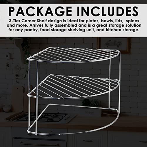 3-Tier Counter and Cabinet Corner Shelf, Pantry Organizer, Rust Resistant - Plates, Dishes, Pans, Cups, Lids and Bowls - Silver