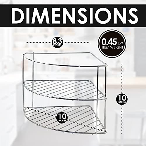 3-Tier Counter and Cabinet Corner Shelf, Pantry Organizer, Rust Resistant - Plates, Dishes, Pans, Cups, Lids and Bowls - Silver