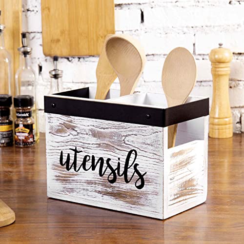 MyGift White Washed Solid Wood Kitchen Utensil Holder with Black Metal Rim Accent and 2 Compartments, Countertop Buffet Flatware Holder with Utensils Cursive Design