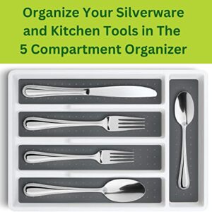 Perfect Life Ideas 5 Compartment Silverware Tray for Kitchen Drawers, Small Drawer Organizer - Soft Nonslip Utensil Drawer Holder with Soft Grip Lining - Compact Cutlery Tray