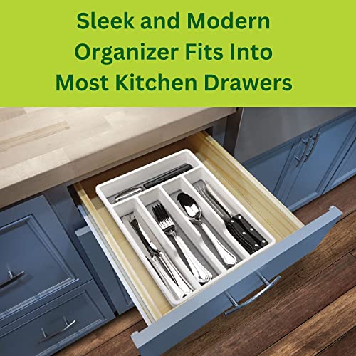 Perfect Life Ideas 5 Compartment Silverware Tray for Kitchen Drawers, Small Drawer Organizer - Soft Nonslip Utensil Drawer Holder with Soft Grip Lining - Compact Cutlery Tray