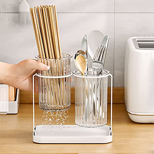 janebeauties Kitchen Utensil Holder for Countertop, Silverware Caddy with Metal Rack, Flatware Storage Cutlery Crock,Plastic 2-Cups Utensil Caddy Drying Utensil Container With Drain Tray for Party