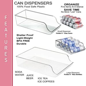 Practical Set of 2 Soda Can Organizer and Canned Food Bin Stackable Dispenser for Refrigerator - Open Front And Transparent Design, Hold up to 9 cans and water bottles, Shatter-Proof