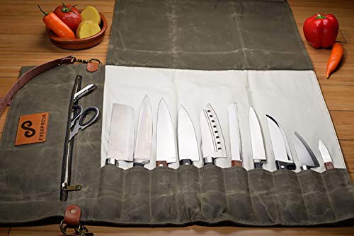 EVERPRIDE Canvas Knife Roll Bag Stores 10 Knives up to 19" PLUS Zipper for Kitchen Tools – Durable Knife Carrying Case for Professional Chefs and Culinary Students – Knives Not Included