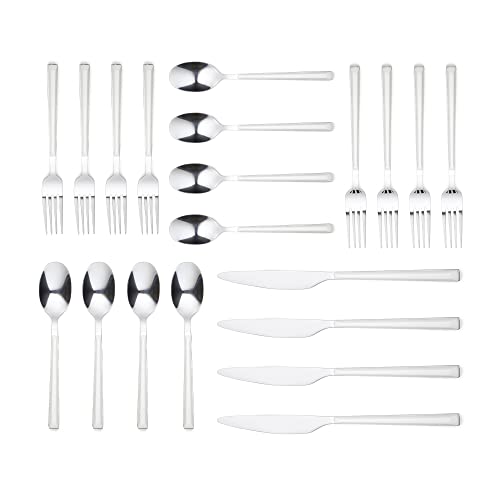 20 Piece White Plastic Handle Flatware Set For 4,Ornative Iris Silverware Include Knifes, Forks, Spoons, Stainless Steel Cutlery Silverware Set, Dishwasher Safe Utensil for Home Kitchen Restaurant