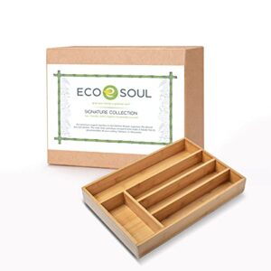 eco soul organic bamboo wooden kitchen drawer organizer | sturdy, large 11′ x 16′ | organizer tray for silverware, cutlery, flatware, utensil holder | grooved drawer dividers, 6 slots