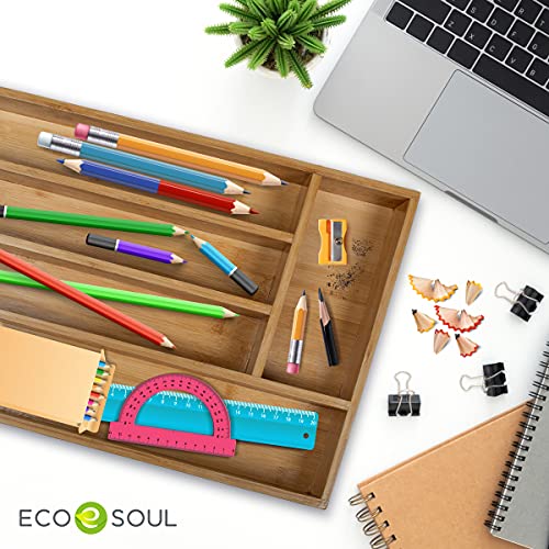 ECO SOUL Organic Bamboo Wooden Kitchen Drawer Organizer | Sturdy, Large 11' x 16' | Organizer Tray for Silverware, Cutlery, Flatware, Utensil Holder | Grooved Drawer Dividers, 6 slots