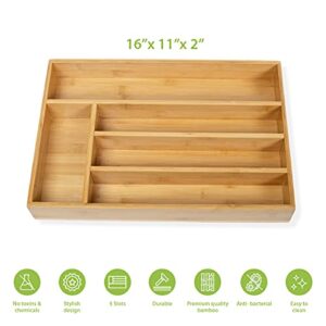 ECO SOUL Organic Bamboo Wooden Kitchen Drawer Organizer | Sturdy, Large 11' x 16' | Organizer Tray for Silverware, Cutlery, Flatware, Utensil Holder | Grooved Drawer Dividers, 6 slots