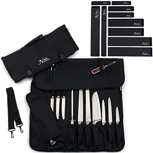 Chef’s Knife Roll (14 slots) and 10 Piece Knife Guards Bundle. Knife Bag Holds 10 Knives PLUS Meat Cleaver and Zippered Pouch. Knives Sheaths are Durable, Non-BPA, and Felt-Lined. Knives Not Included